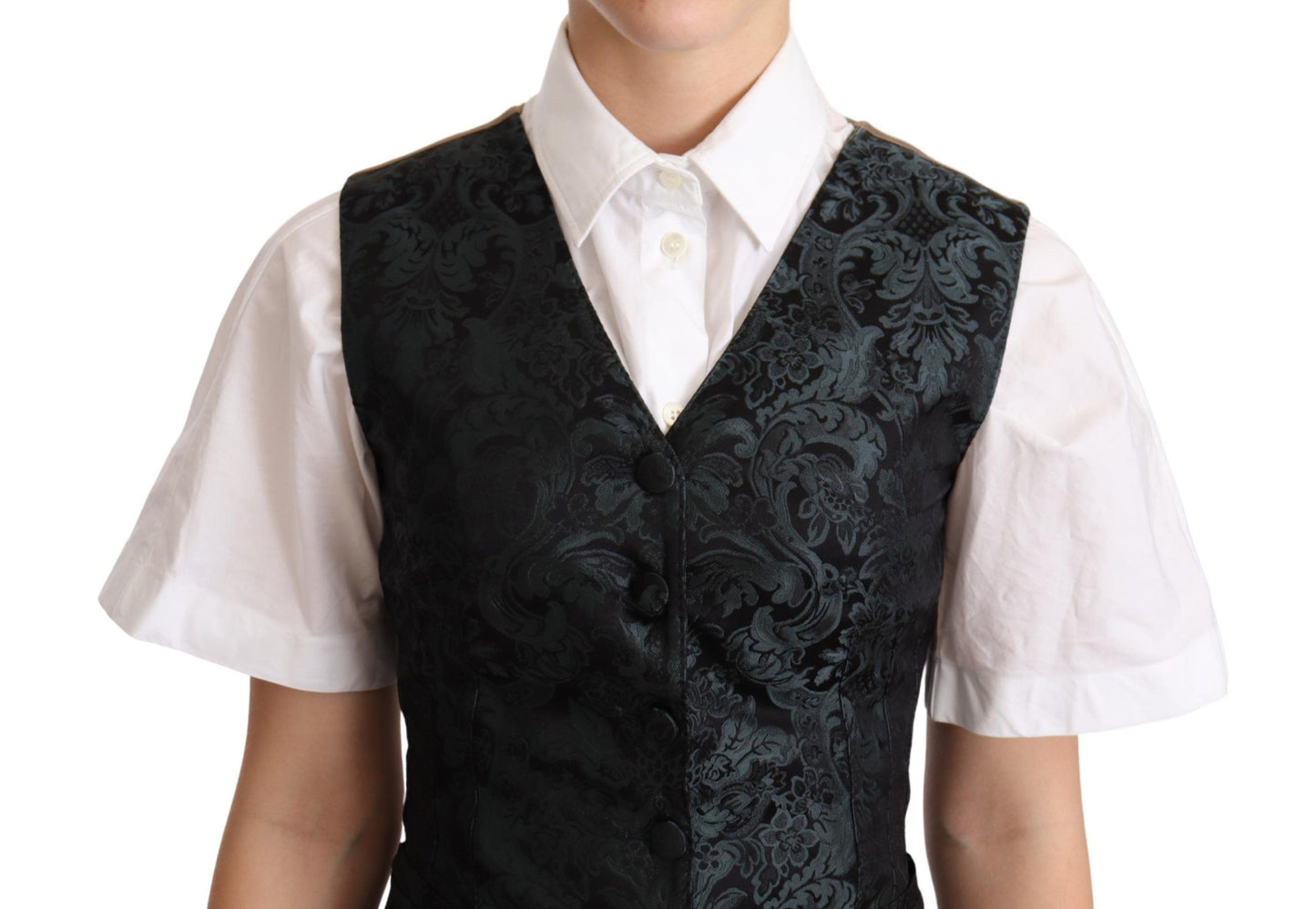 Black Jacquard Floral Waistcoat Vest Green-Dolce & Gabbana-LabelTerrace.com