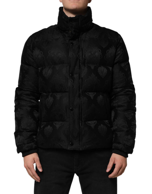 Black Jacquard Quilted Puffer Bomber Jacket-Dolce & Gabbana-LabelTerrace.com