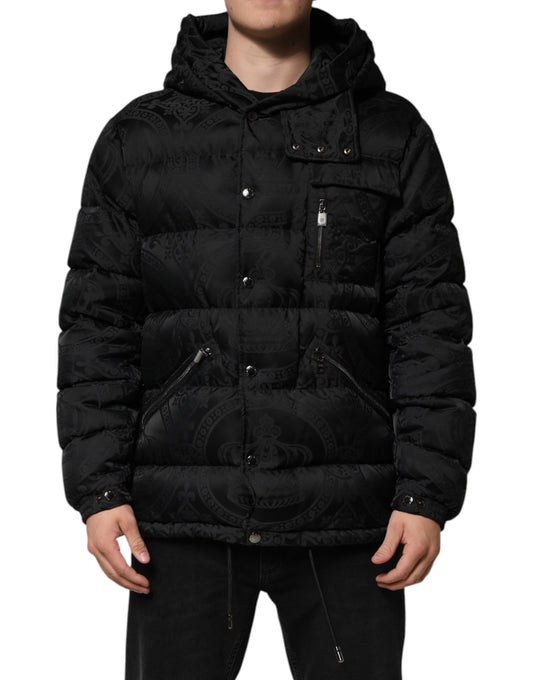 Black Jacquard Quilted Puffer Hooded Jacket-Dolce & Gabbana-LabelTerrace.com