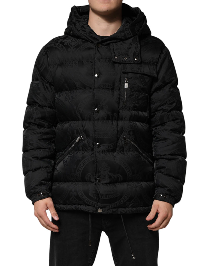 Black Jacquard Quilted Puffer Hooded Jacket-Dolce & Gabbana-LabelTerrace.com