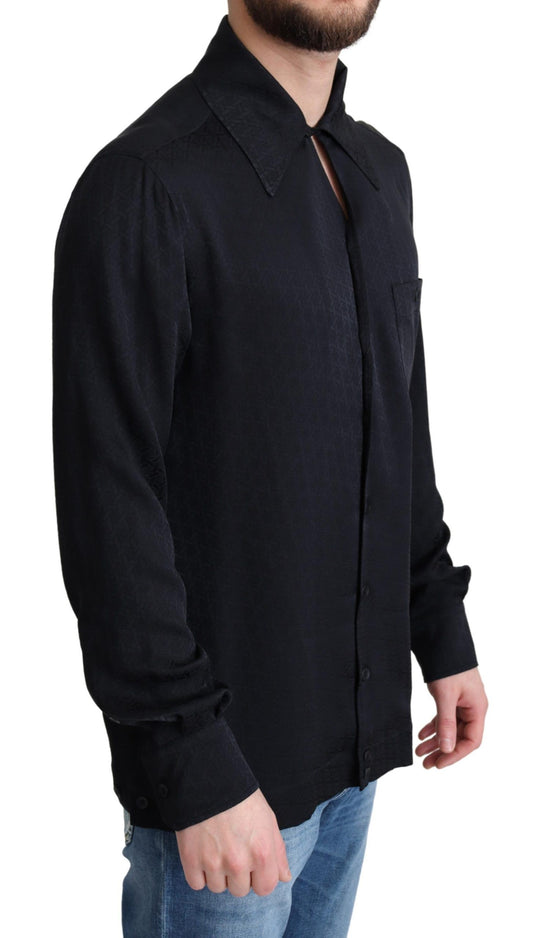 Black Jacquard Silk Casual Button Down Shirt-Dolce & Gabbana-LabelTerrace.com