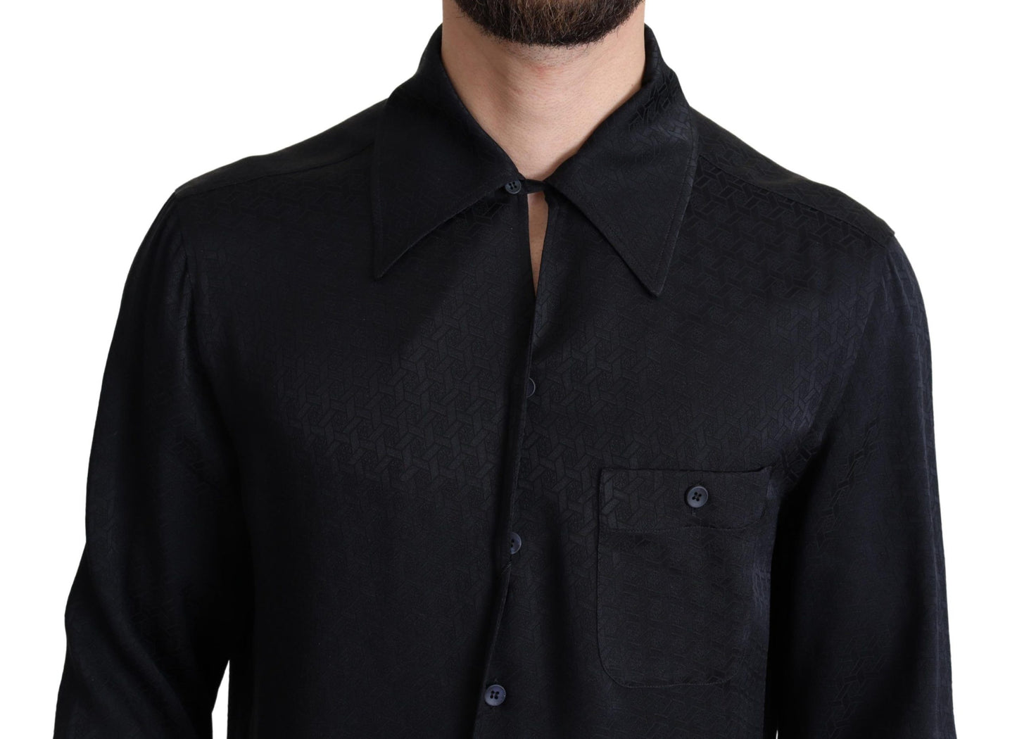 Black Jacquard Silk Casual Button Down Shirt-Dolce & Gabbana-LabelTerrace.com