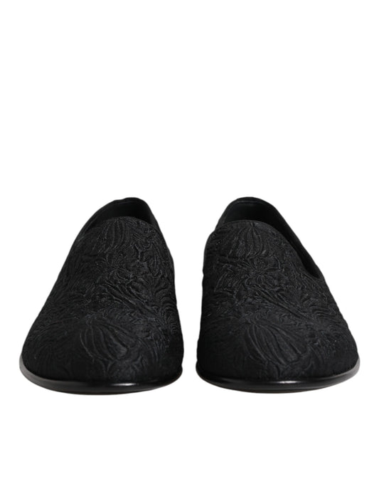 Black Jacquard Slip On Loafers Formal Shoes-Dolce & Gabbana-LabelTerrace.com