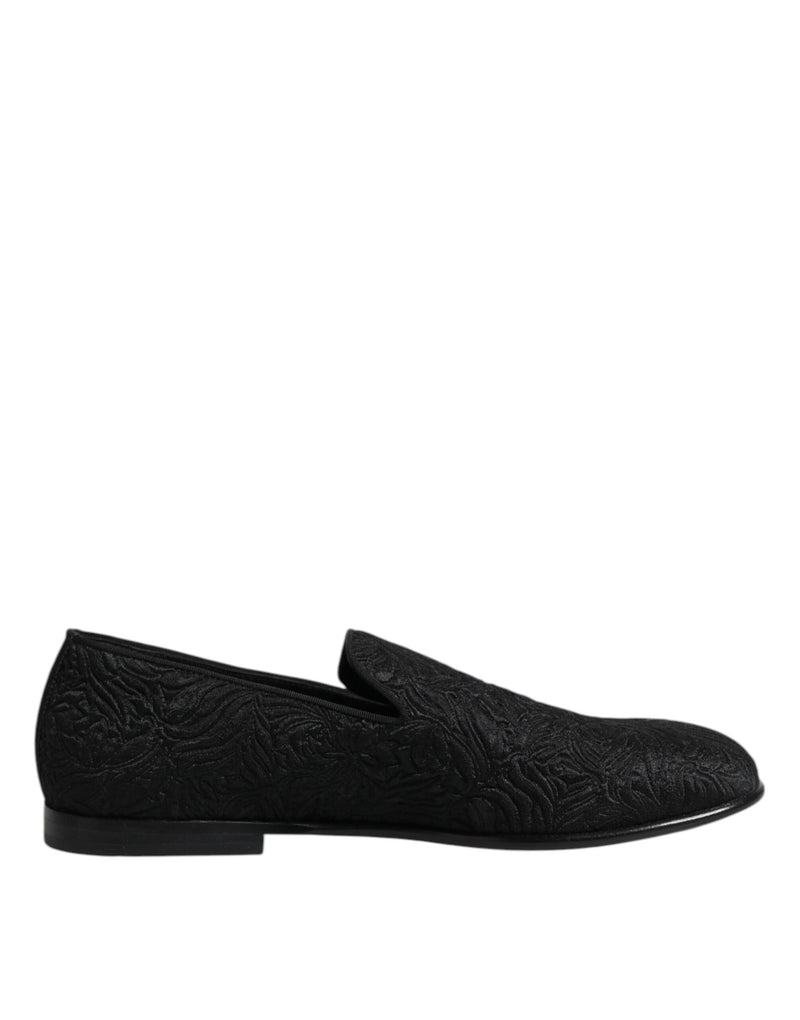 Black Jacquard Slip On Loafers Formal Shoes-Dolce & Gabbana-LabelTerrace.com
