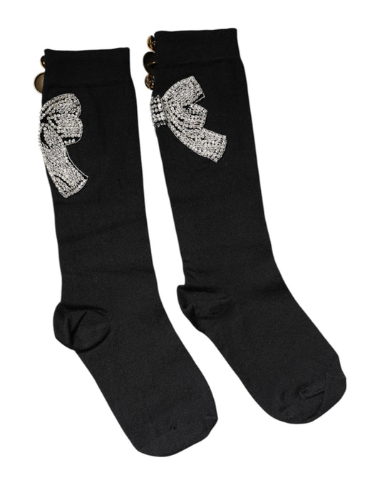 Black Knit Floral Crystal Embellishment Socks-Dolce & Gabbana-LabelTerrace.com
