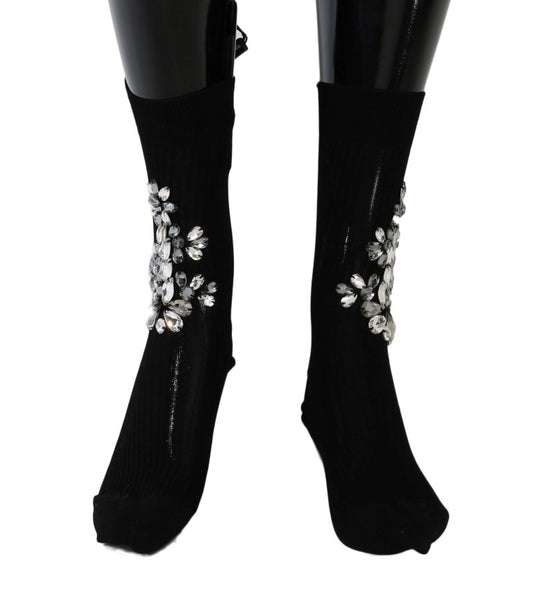 Black Knitted Floral Clear Crystal Socks-Dolce & Gabbana-LabelTerrace.com
