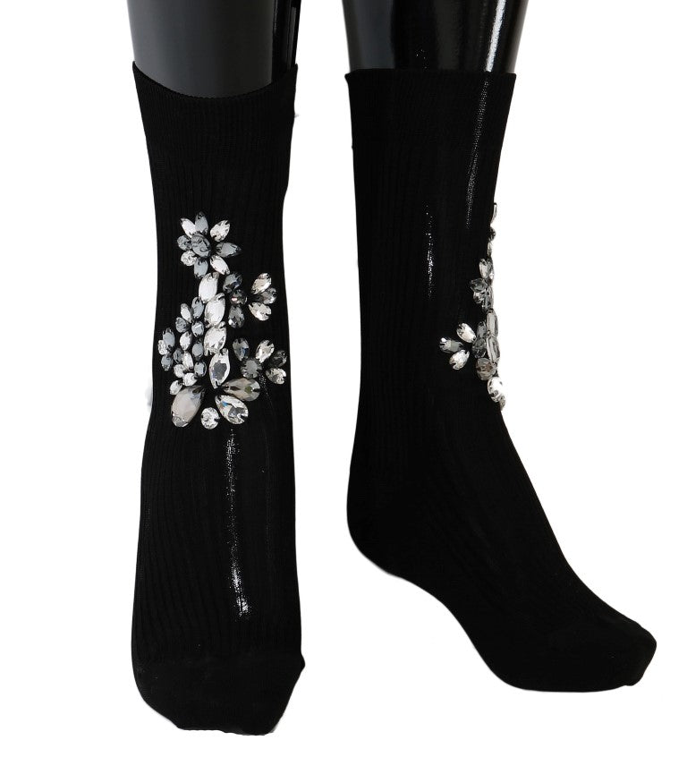 Black Knitted Floral Clear Crystal Socks-Dolce & Gabbana-LabelTerrace.com