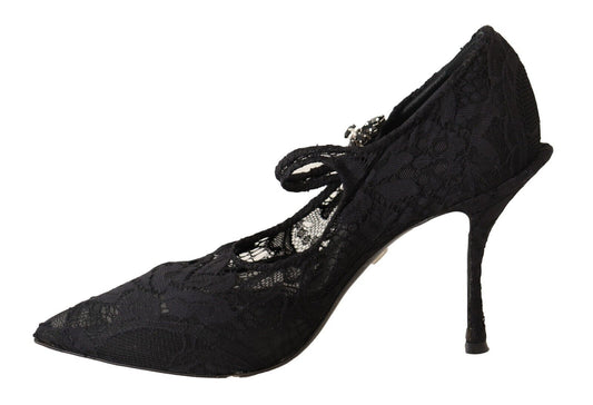 Black Lace Crystals Heels Mary Jane Pumps Shoes-Dolce & Gabbana-LabelTerrace.com