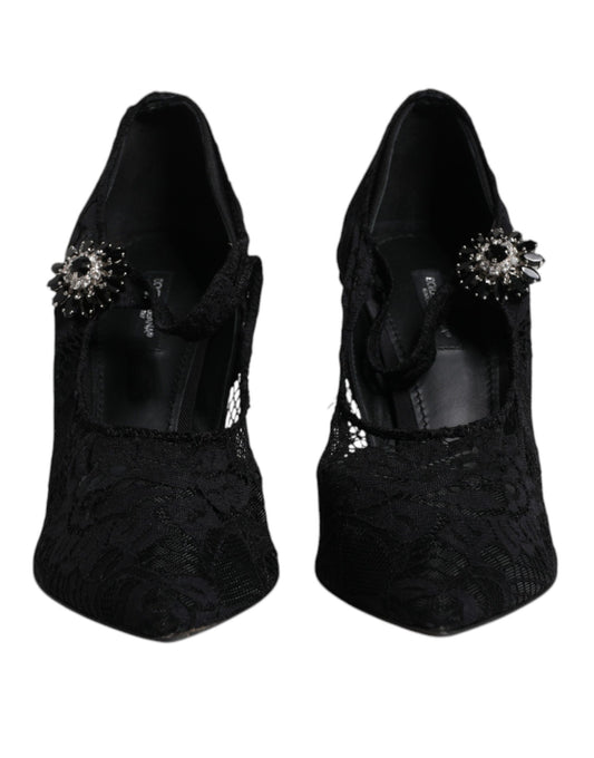 Black Lace Crystals Mary Jane Pumps Shoes-Dolce & Gabbana-LabelTerrace.com