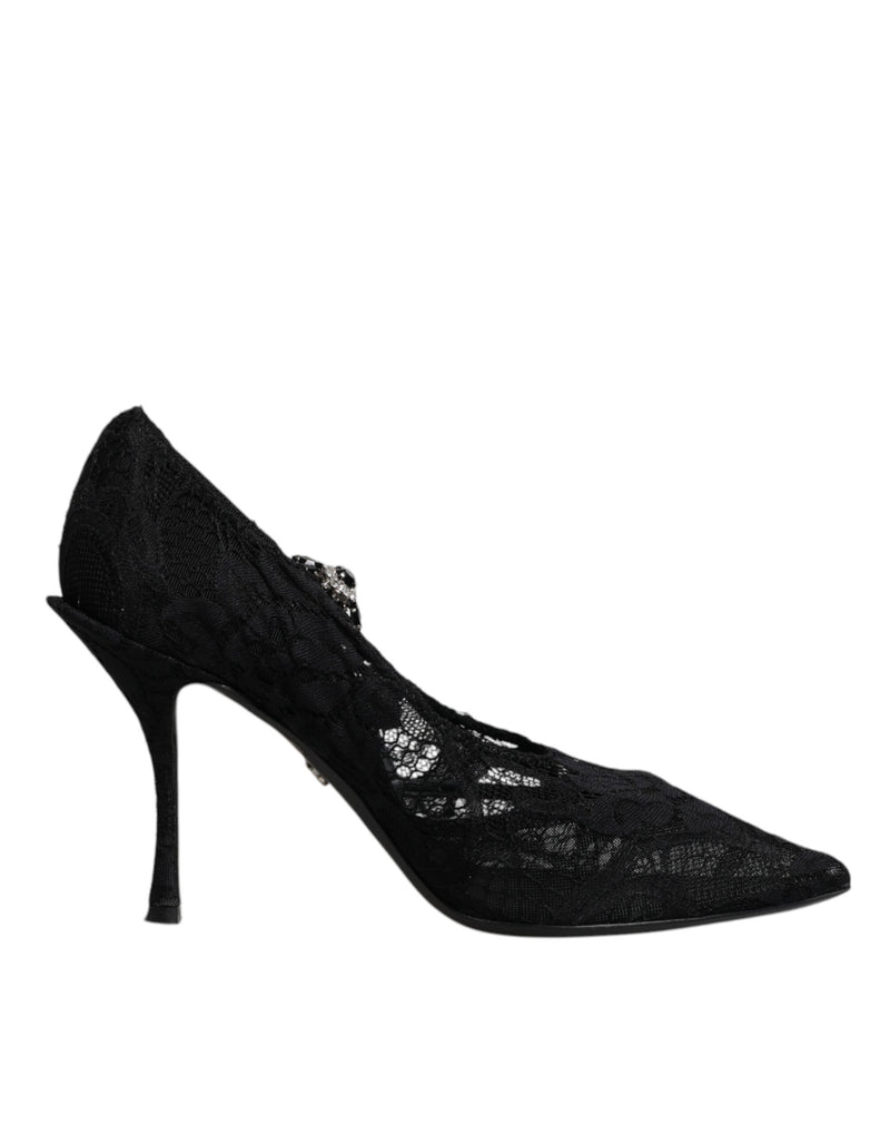 Black Lace Crystals Mary Jane Pumps Shoes-Dolce & Gabbana-LabelTerrace.com