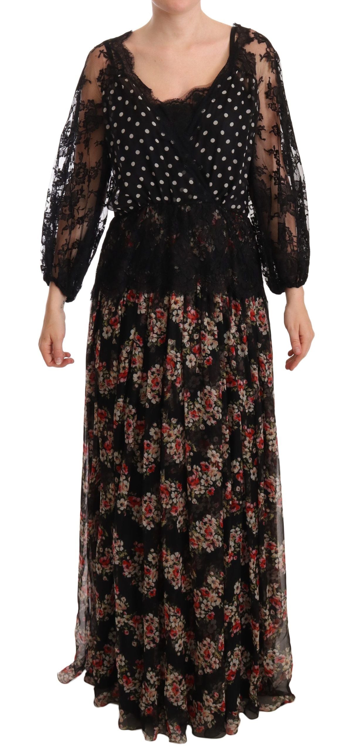 Black Lace Floral Polka Maxi Capri Dress-Dolce & Gabbana-LabelTerrace.com
