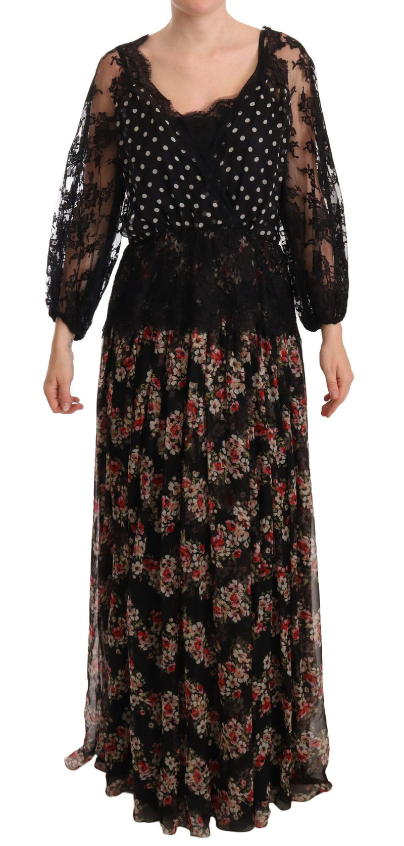 Black Lace Floral Polka Maxi Capri Dress-Dolce & Gabbana-LabelTerrace.com