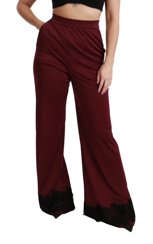 Black Lace High Waist Wide Leg Maroon Pants-Dolce & Gabbana-LabelTerrace.com