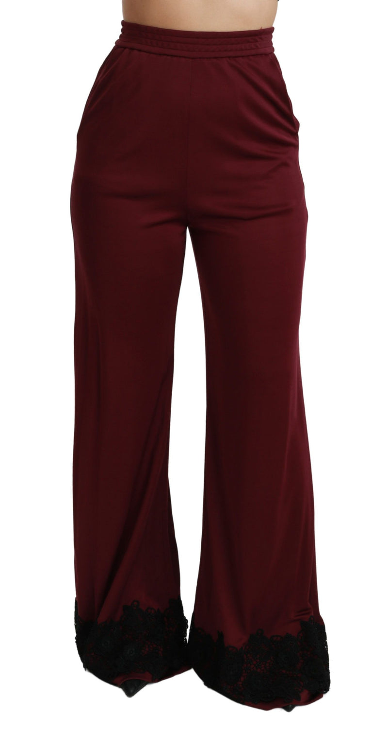 Black Lace High Waist Wide Leg Maroon Pants-Dolce & Gabbana-LabelTerrace.com