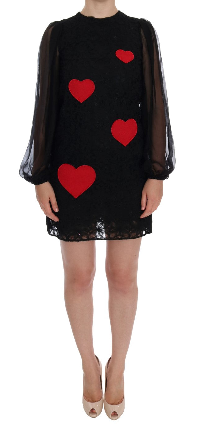 Black Lace Red Heart Shift Dress-Dolce & Gabbana-LabelTerrace.com