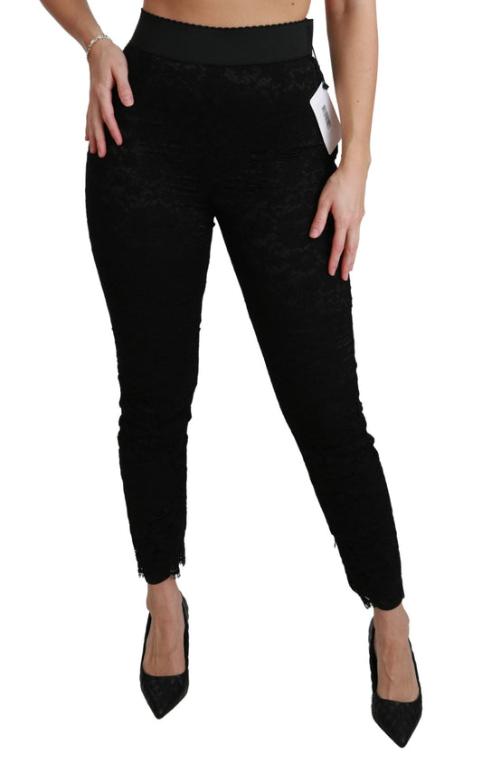 Black Lace Skinny High Waist Cotton Pants-Dolce & Gabbana-LabelTerrace.com
