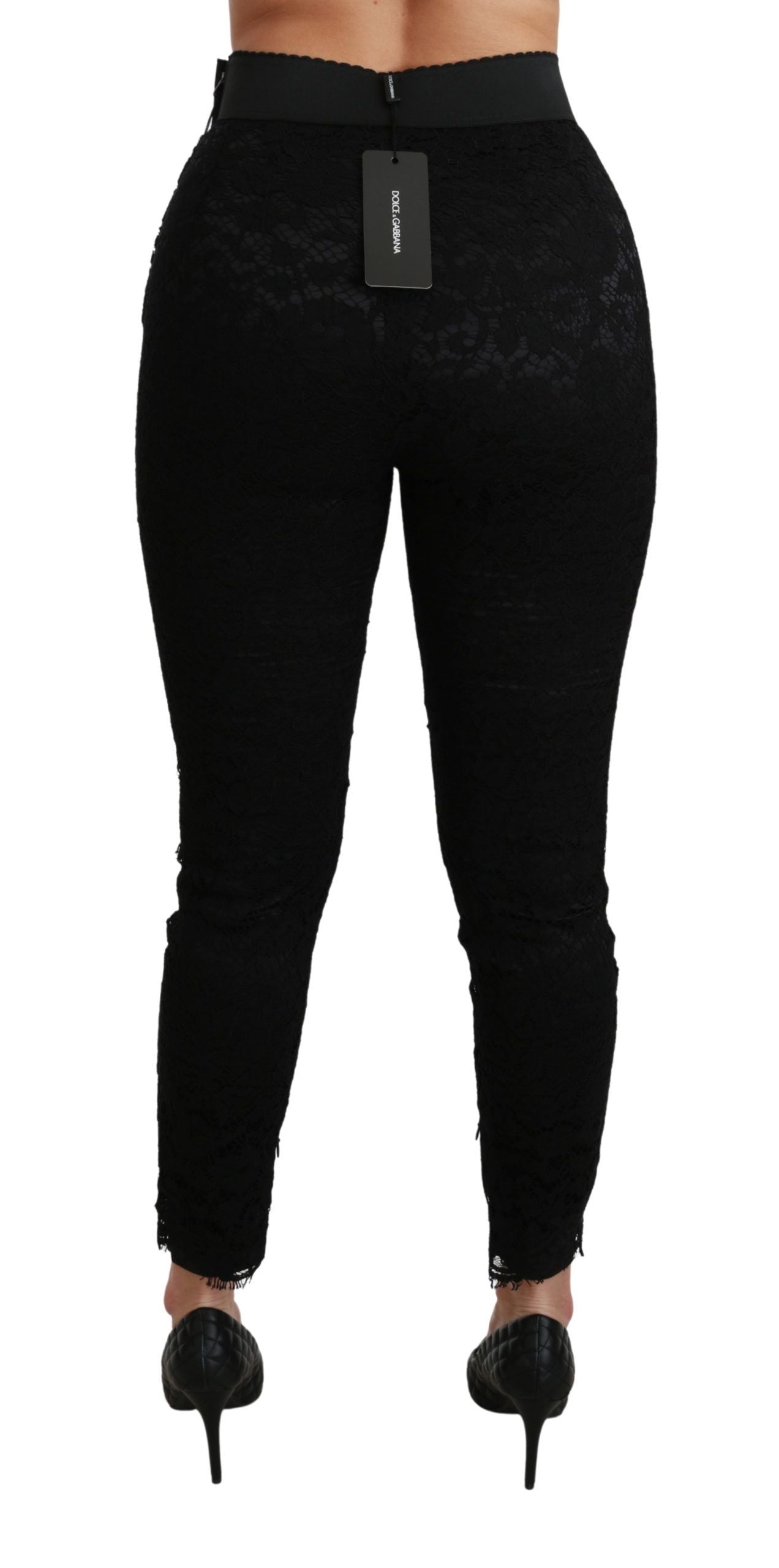 Black Lace Skinny High Waist Cotton Pants-Dolce & Gabbana-LabelTerrace.com