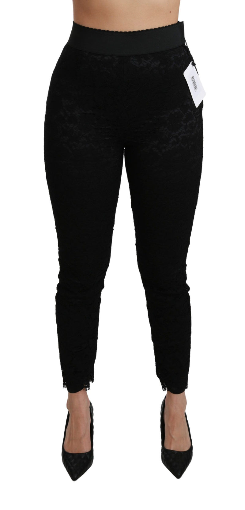 Black Lace Skinny High Waist Cotton Pants-Dolce & Gabbana-LabelTerrace.com