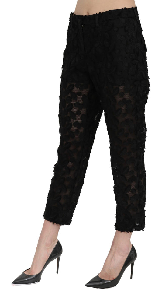 Black Lace Straight Cropped High Waist Pants-Dolce & Gabbana-LabelTerrace.com