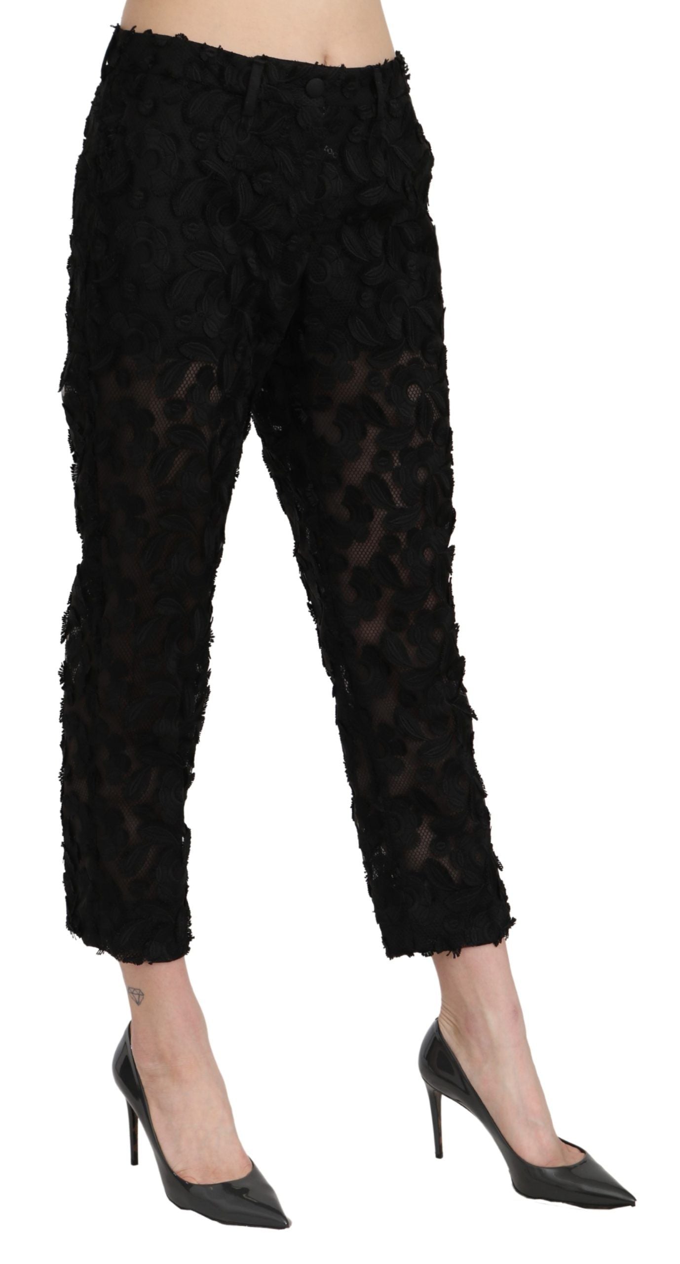 Black Lace Straight Cropped High Waist Pants-Dolce & Gabbana-LabelTerrace.com