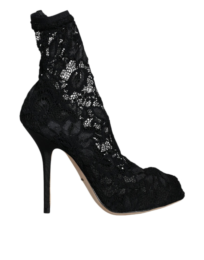Black Lace Stretch Heels Mid Calf Boot Shoes-Dolce & Gabbana-LabelTerrace.com