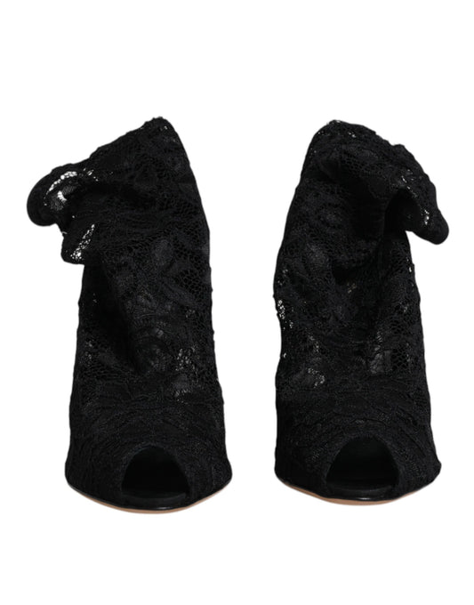 Black Lace Stretch Heels Mid Calf Boots Shoes-Dolce & Gabbana-LabelTerrace.com