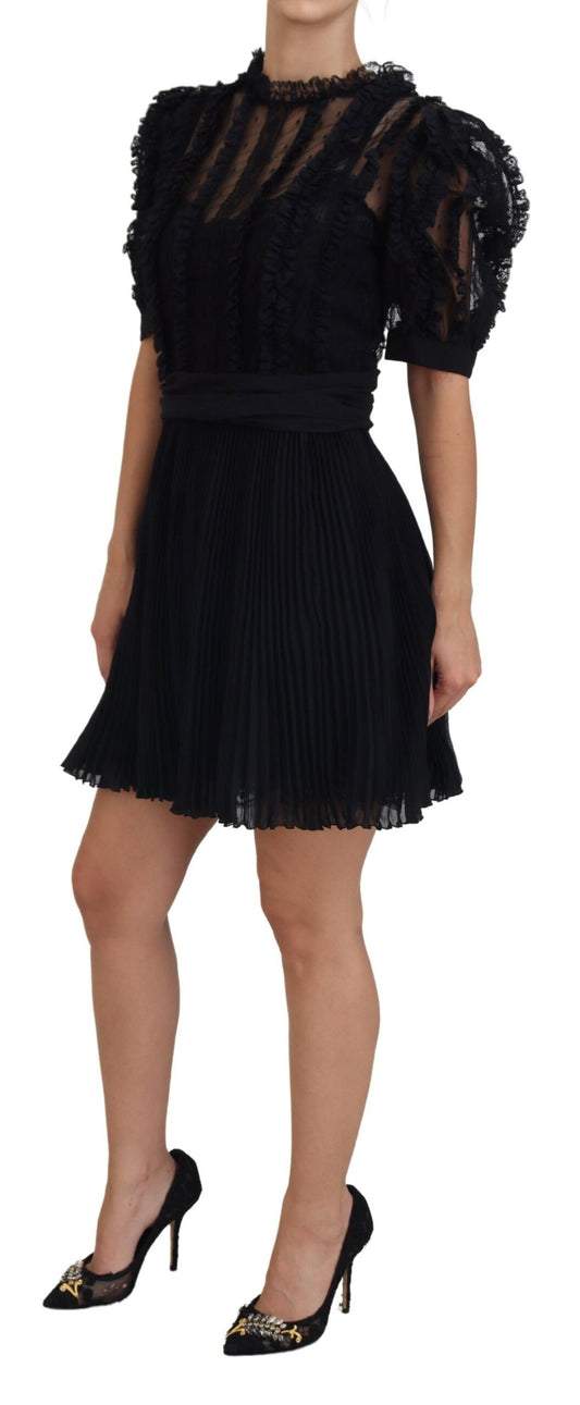 Black Lace Trim A-line Mini Nylon Dress-Dolce & Gabbana-LabelTerrace.com