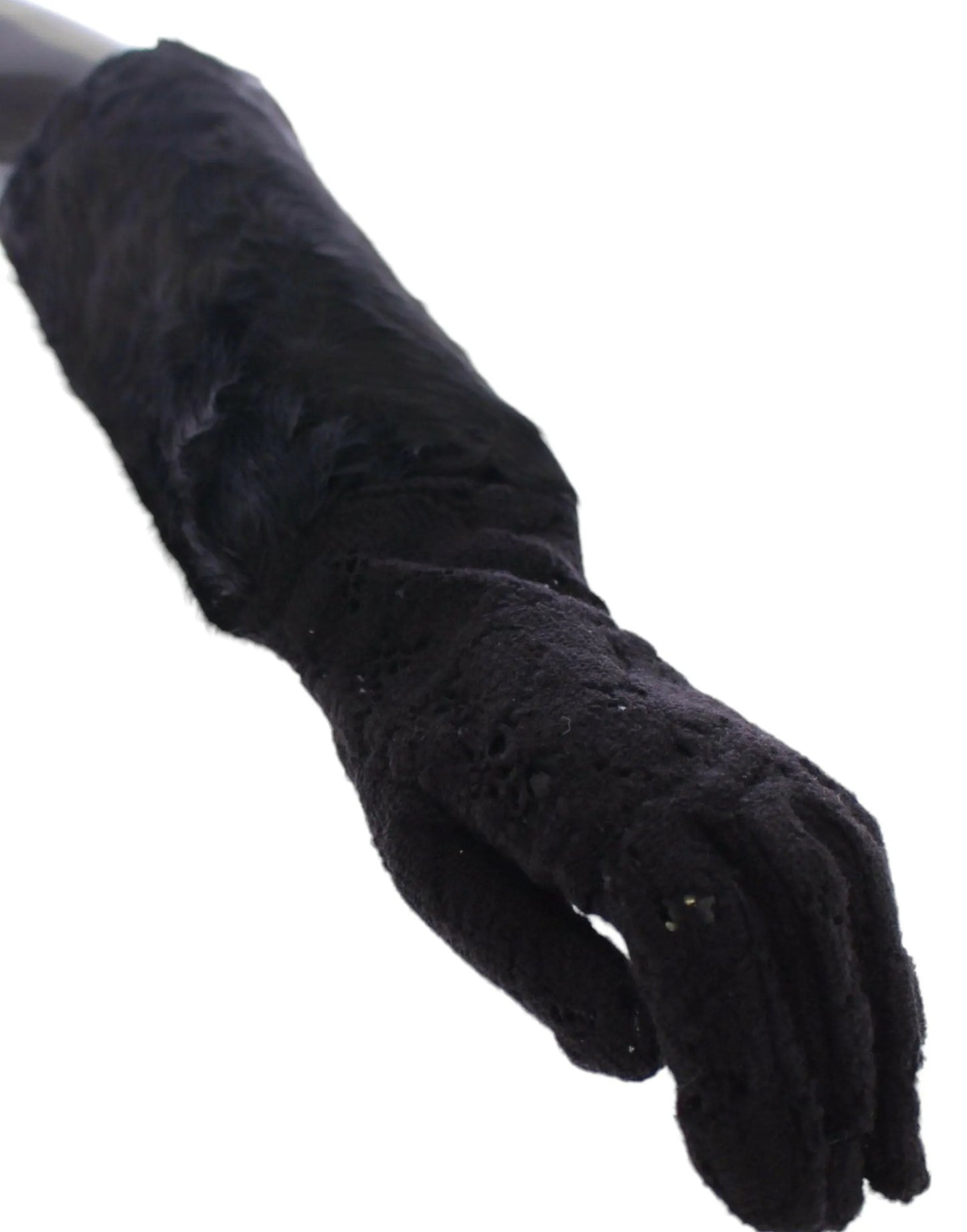 Black Lace Wool Lambskin Fur Elbow Gloves-Dolce & Gabbana-LabelTerrace.com