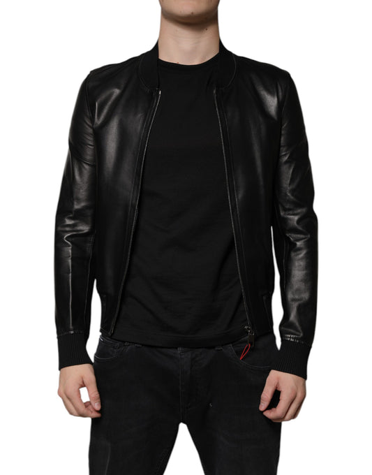 Black Lambskin Full Zip Biker Blouson Jacket-Dolce & Gabbana-LabelTerrace.com