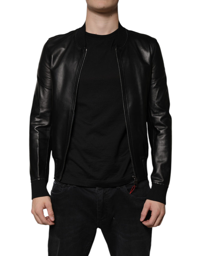 Black Lambskin Full Zip Biker Blouson Jacket-Dolce & Gabbana-LabelTerrace.com