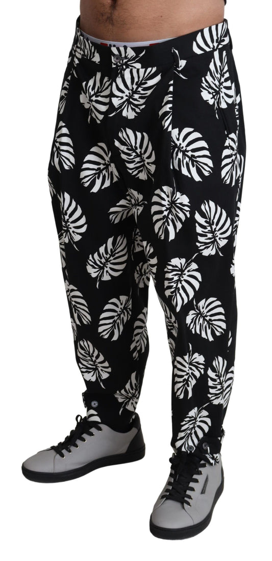 Black Leaf Cotton Stretch Trouser Pants Pants-Dolce & Gabbana-LabelTerrace.com
