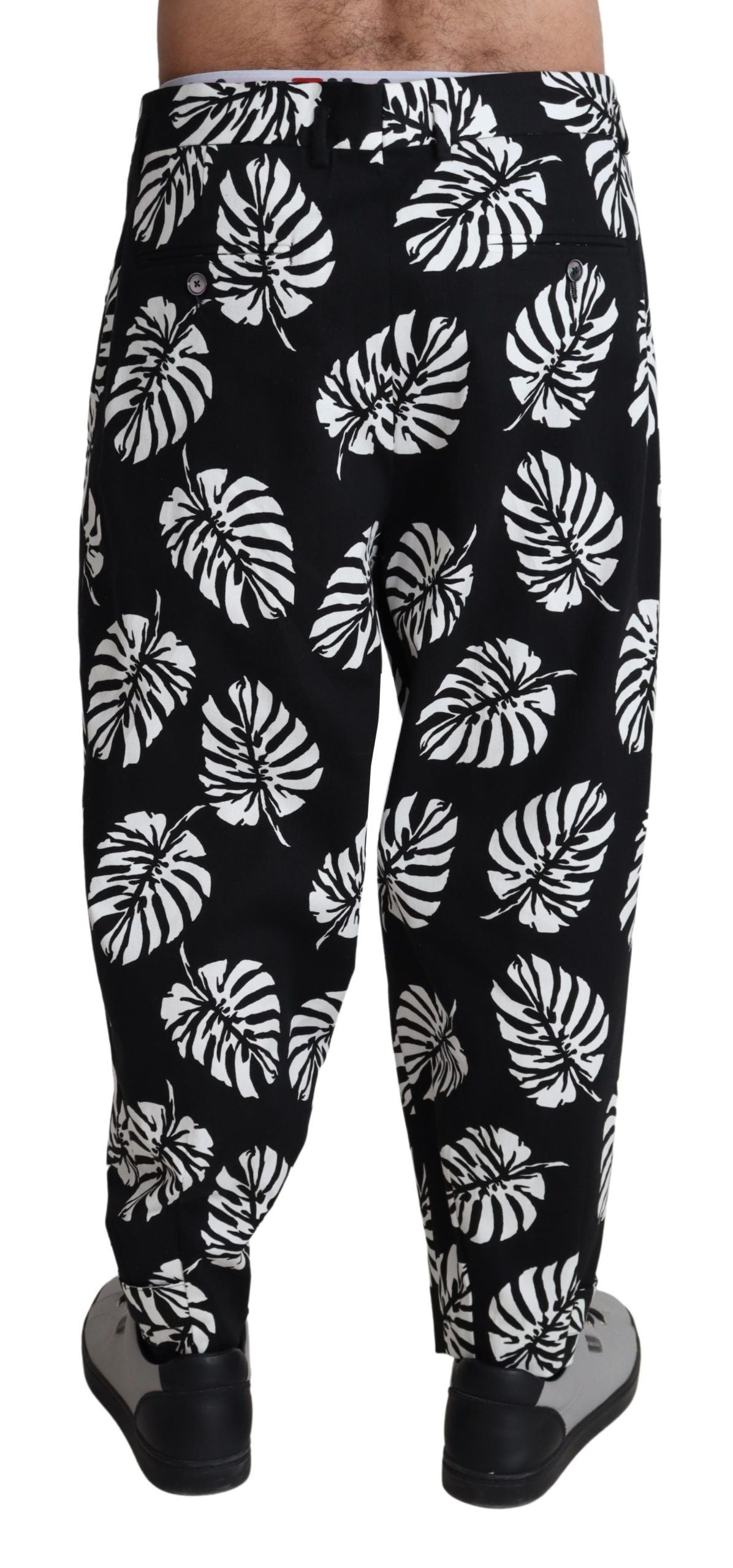 Black Leaf Cotton Stretch Trouser Pants Pants-Dolce & Gabbana-LabelTerrace.com