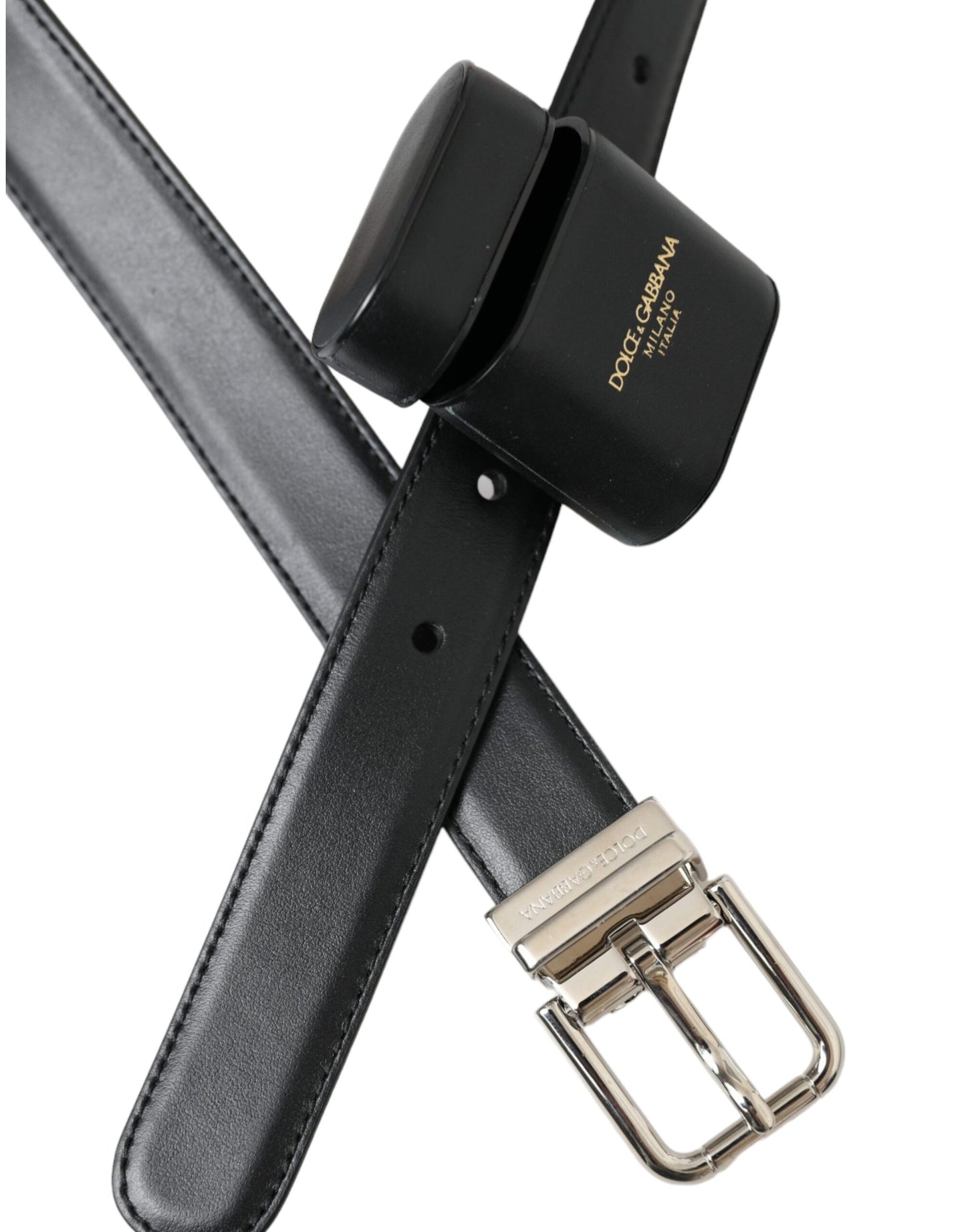 Black Leather Airpods Case Silver Buckle Belt-Dolce & Gabbana-LabelTerrace.com
