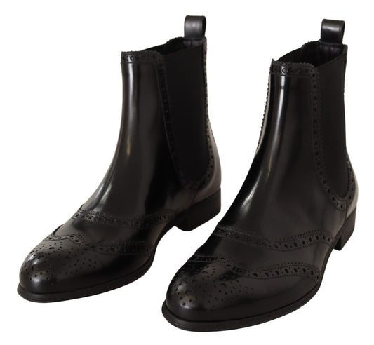 Black Leather Ankle High Flat Boots Shoes-Dolce & Gabbana-LabelTerrace.com