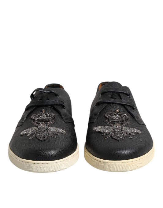 Black Leather Bee Crown Low Top Sneakers Shoes-Dolce & Gabbana-LabelTerrace.com