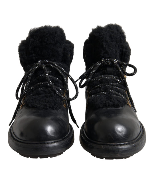 Black Leather Bernini Shearling Boots Shoes-Dolce & Gabbana-LabelTerrace.com