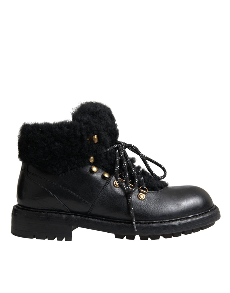 Black Leather Bernini Shearling Boots Shoes-Dolce & Gabbana-LabelTerrace.com
