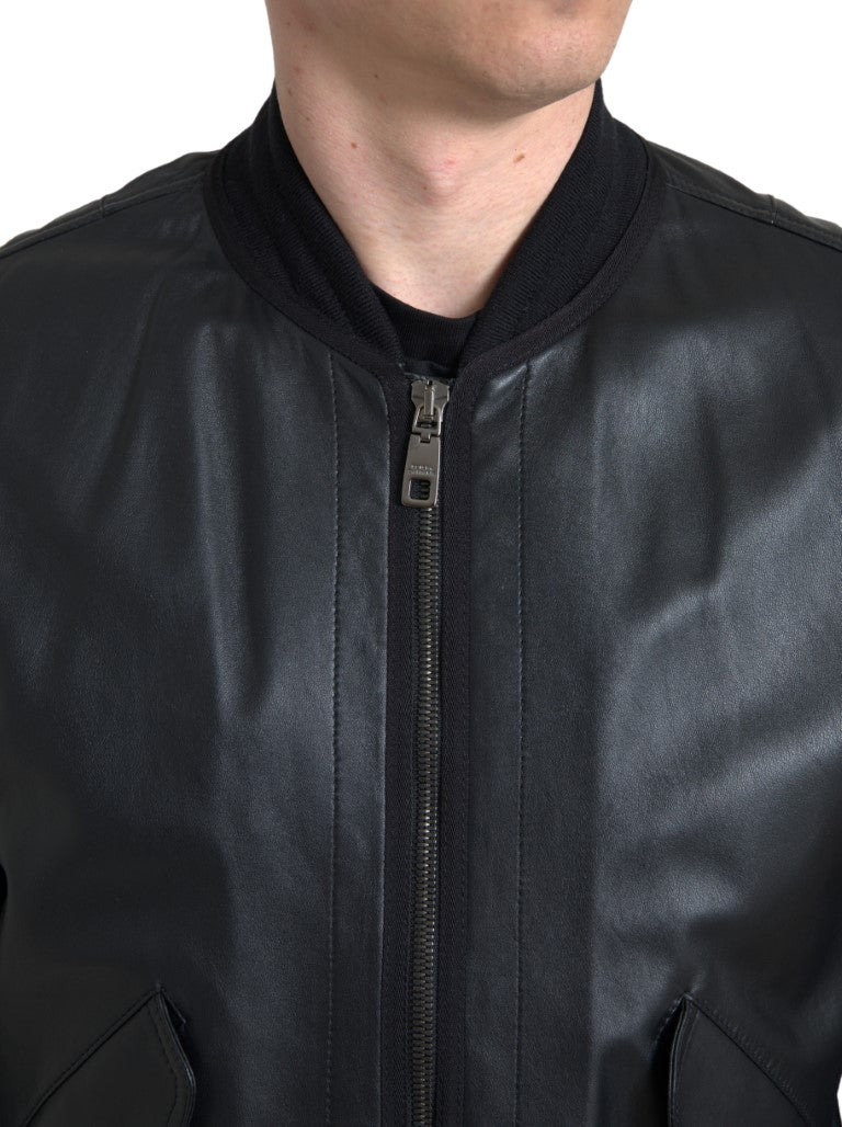 Black Leather Blouson Full Zip Bomber Jacket-Dolce & Gabbana-LabelTerrace.com