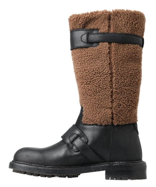 Black Leather Brown Shearling Boots-Dolce & Gabbana-LabelTerrace.com
