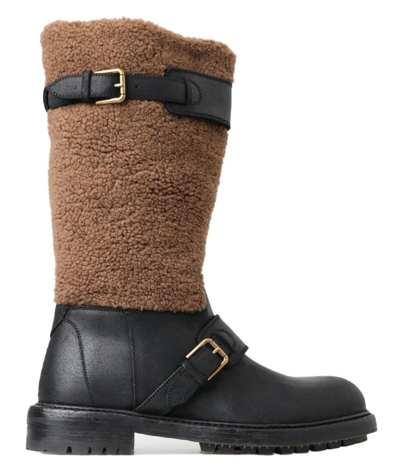 Black Leather Brown Shearling Boots-Dolce & Gabbana-LabelTerrace.com