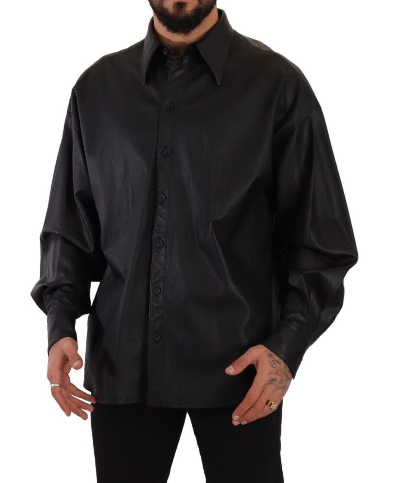 Black Leather Button Down Men Collared Jacket-Dolce & Gabbana-LabelTerrace.com