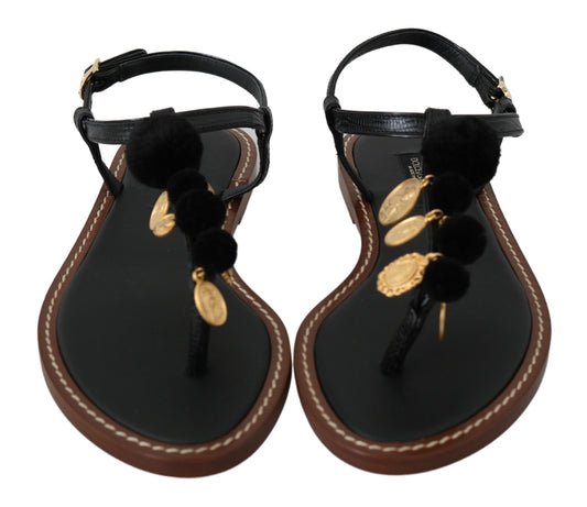 Black Leather Coins Flip Flops Sandals Shoes-Dolce & Gabbana-LabelTerrace.com