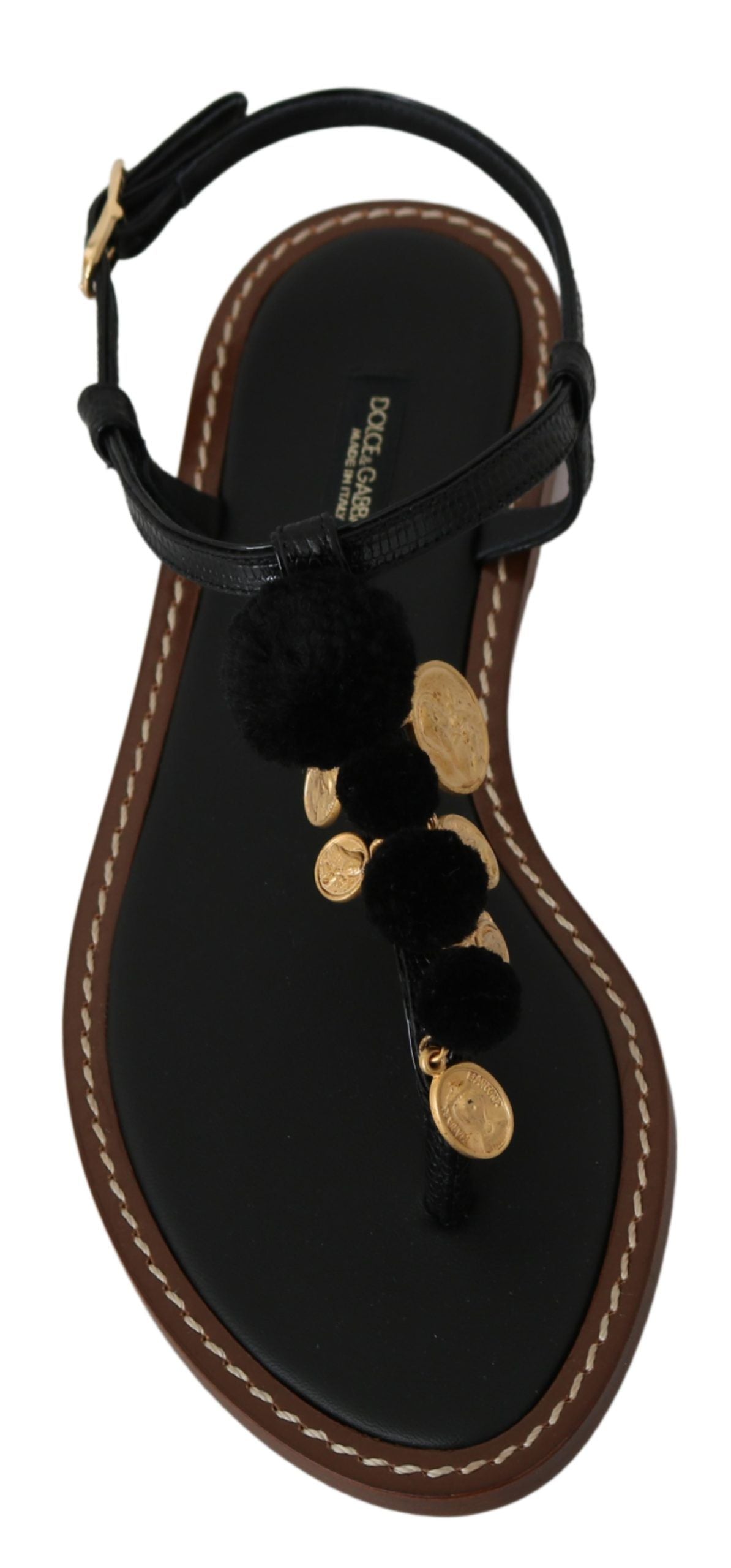 Black Leather Coins Flip Flops Sandals Shoes-Dolce & Gabbana-LabelTerrace.com