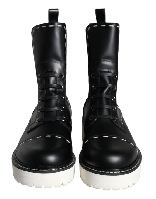 Black Leather Combat Mid Calf Boots Shoes-Dolce & Gabbana-LabelTerrace.com
