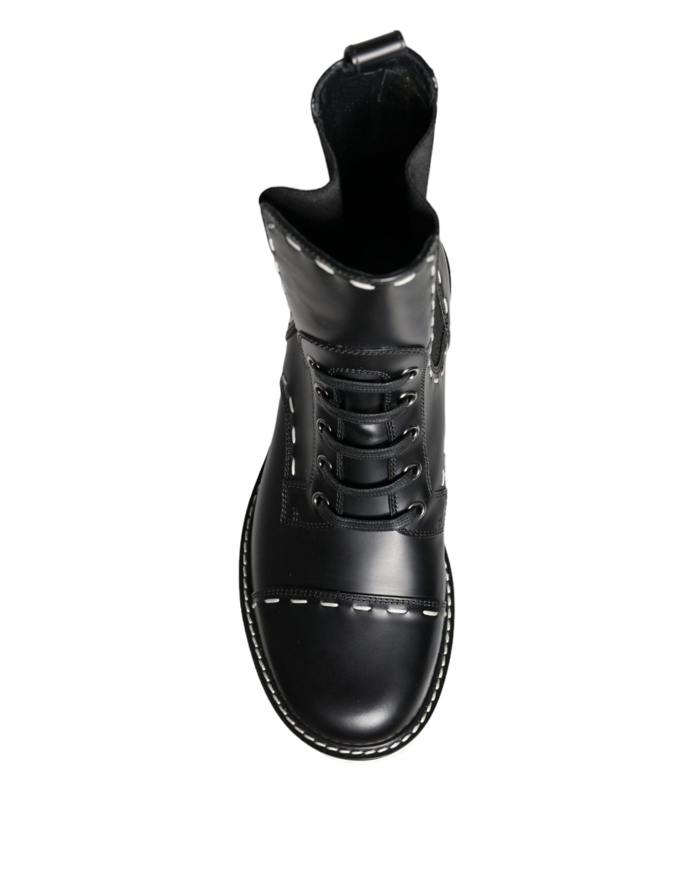 Black Leather Combat Mid Calf Boots Shoes-Dolce & Gabbana-LabelTerrace.com