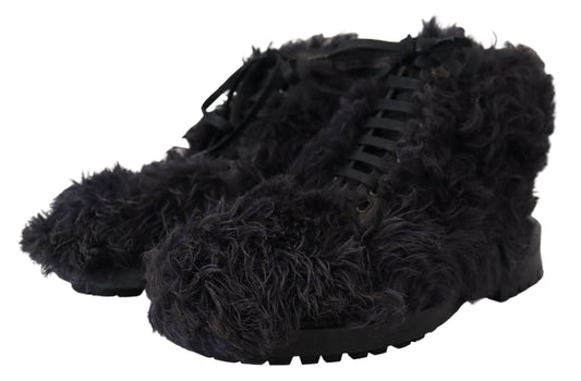Black Leather Combat Shearling Boots Shoes-Dolce & Gabbana-LabelTerrace.com