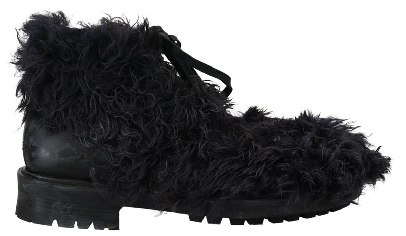 Black Leather Combat Shearling Boots Shoes-Dolce & Gabbana-LabelTerrace.com
