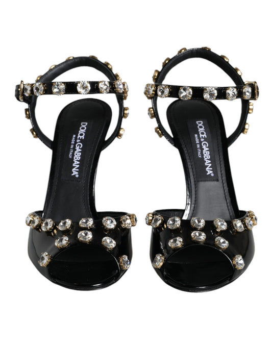 Black Leather Crystal Ankle Strap Sandals Shoes-Dolce & Gabbana-LabelTerrace.com