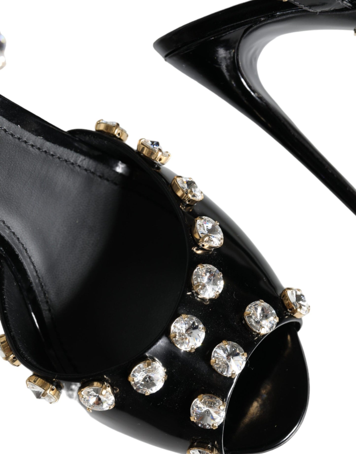 Black Leather Crystal Ankle Strap Sandals Shoes-Dolce & Gabbana-LabelTerrace.com