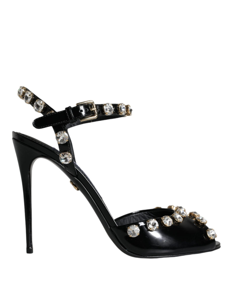 Black Leather Crystal Ankle Strap Sandals Shoes-Dolce & Gabbana-LabelTerrace.com